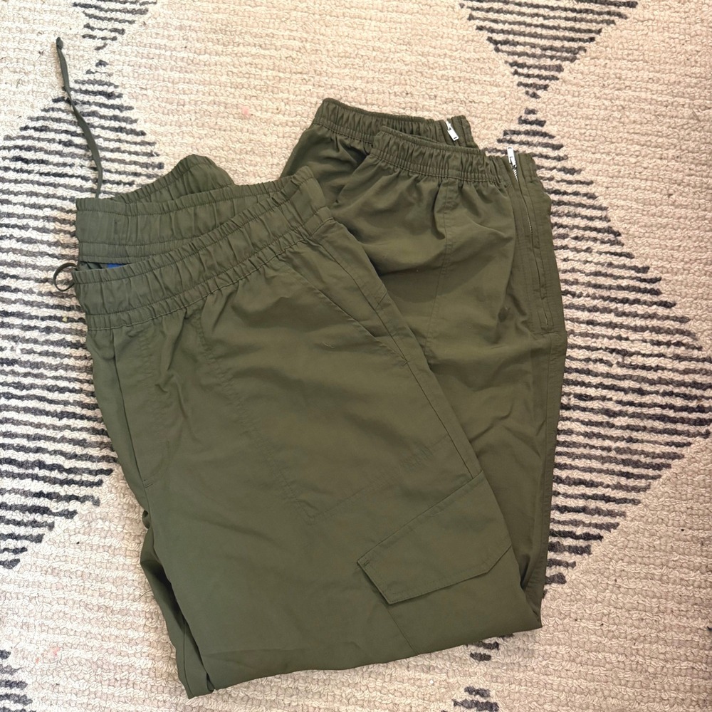 Never Not Hustling Olive Green Cargo Parachute Joggers Zip Ankle Size L